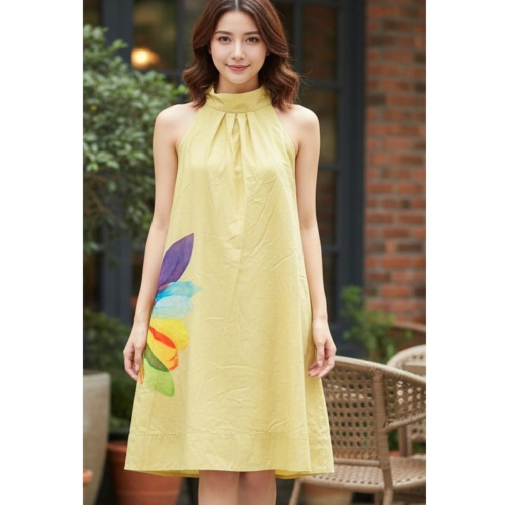 Yellow Halter Mini Dress with Floral Design